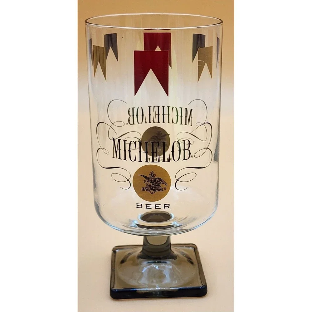 Set Of Six (6) Vintage Michelob Beer Glasses Square Footed Stem Base